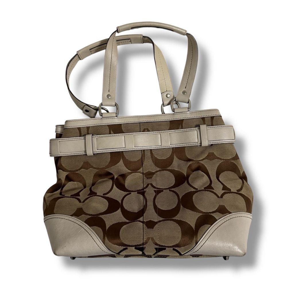 Coach Hamptons Large Signature Leather Trim Python Stripe Hobo Handbag Brown - Picture 2 of 11